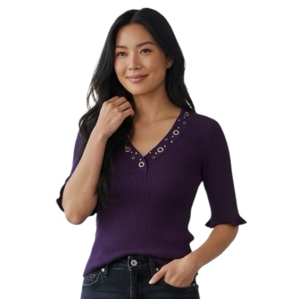 Belldini Purple V-Neck Ribbed Top Embellished XL Fitted Stretch Short Sleeve